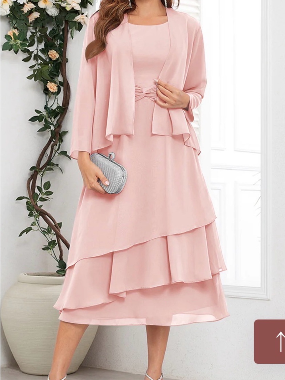 Pomuyou NWT 2X Chiffon Layered Midi Dress with Matching Jacket - Pink